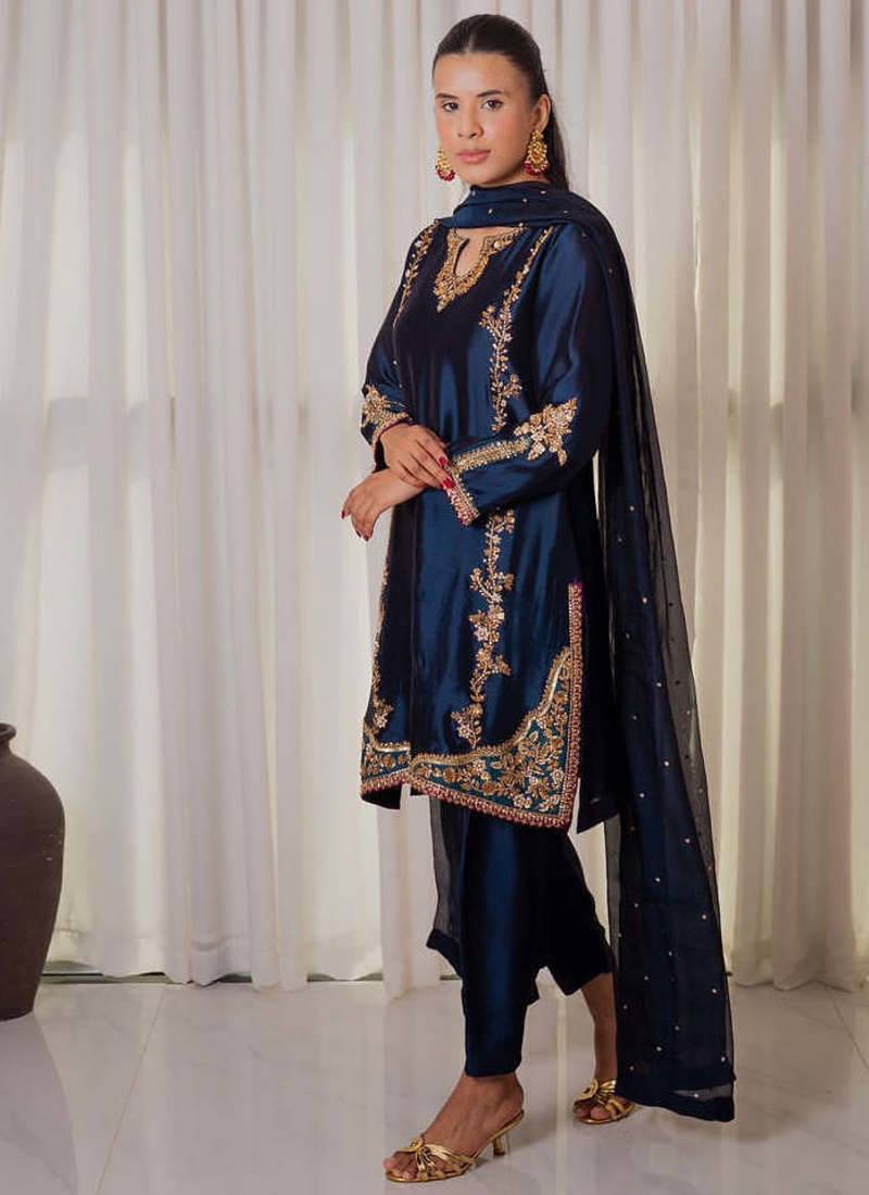 Navy blue embroidery moti full stitched farshi salwar