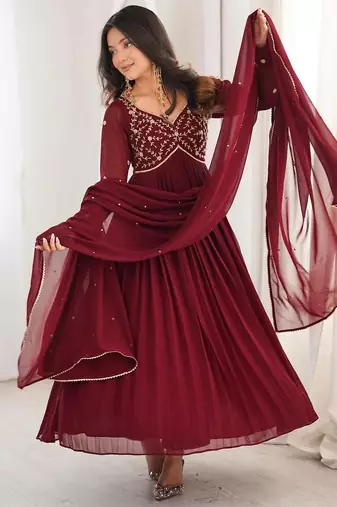 maroon cotton anarkali suit with with detailed embroidery