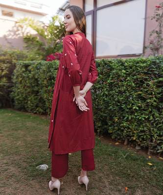 maroon cotton kurta suit set with subtle embroidery 5