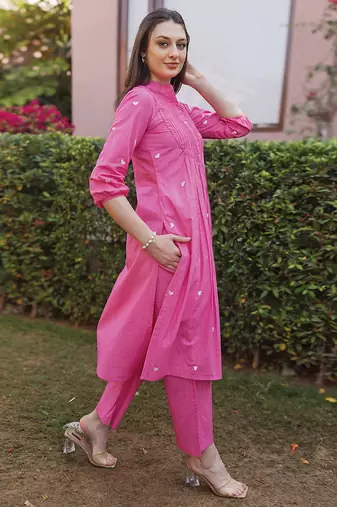 Hot pink embroidered cotton straight suit set