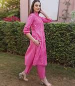 hot pink cotton kurti suit set with floral embroidery