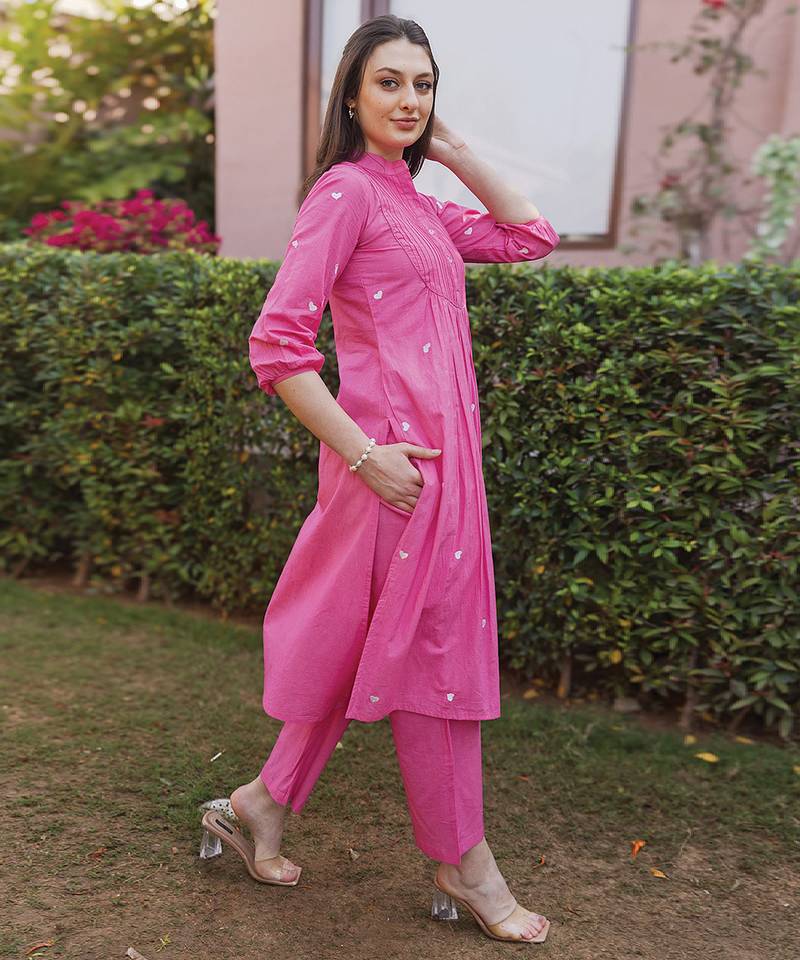 Hot pink embroidered cotton straight suit set