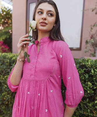 hot pink cotton kurti suit set with floral embroidery 2