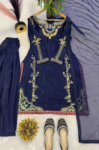 navy blue embroidered moti farshi salwar suit