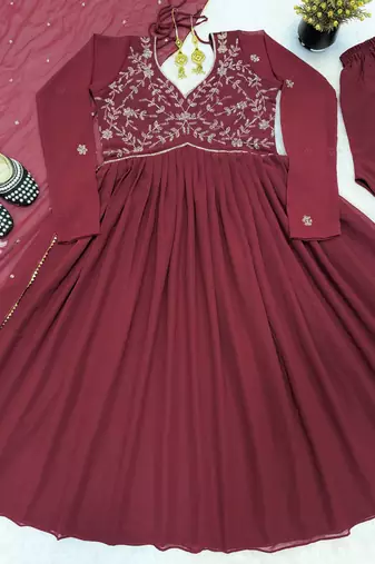 maroon cotton anarkali suit with with detailed embroidery