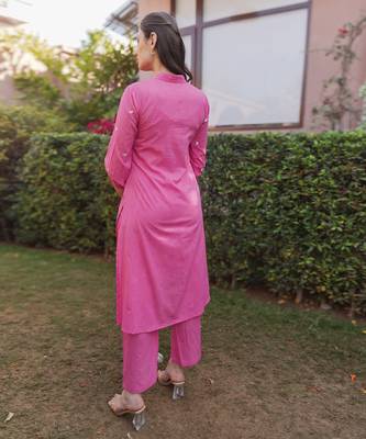 hot pink cotton kurti suit set with floral embroidery 3
