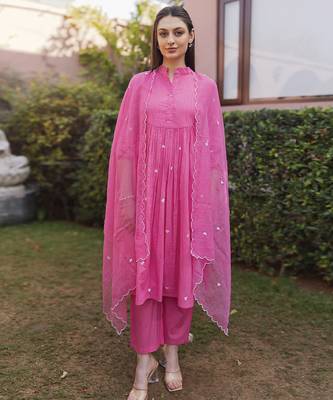 hot pink cotton kurti suit set with floral embroidery 4