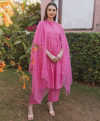 hot pink cotton kurti suit set with floral embroidery 5