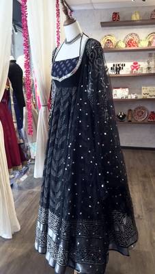 women  s black poly cotton anarkali set with detailed embroidery 2