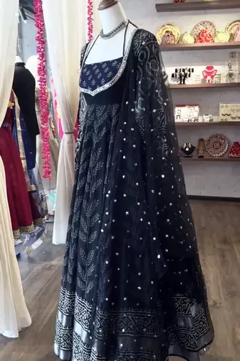women’s black poly cotton anarkali set with detailed embroidery