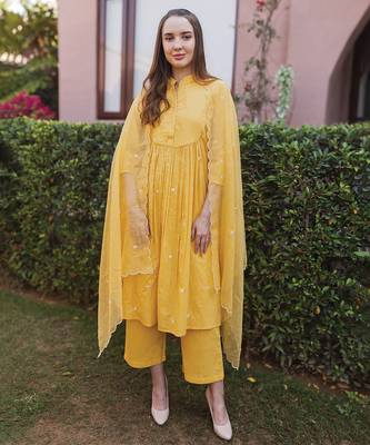 yellow cotton kurti suit set with embroidered work 2