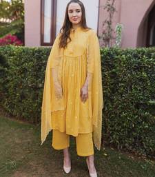 Yellow embroidered cotton straight suit set