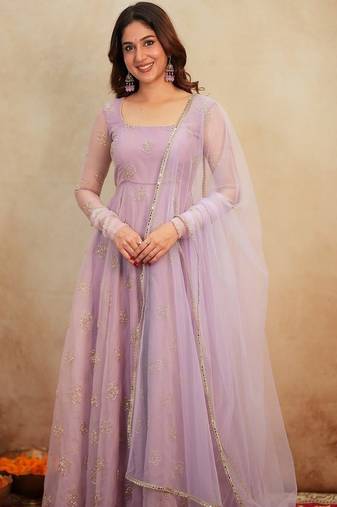 Lavender embroidery bids full stitched anarkali suit