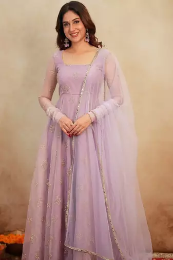 Lavender embroidery bids full stitched anarkali suit