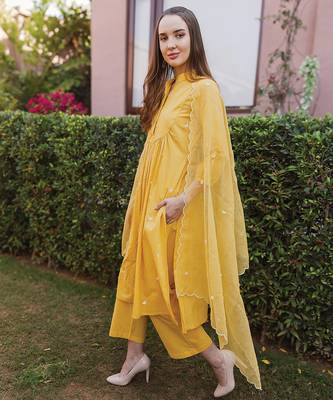 yellow cotton kurti suit set with embroidered work 3