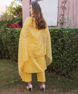 yellow cotton kurti suit set with embroidered work 4
