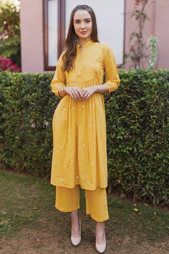 Yellow embroidered cotton straight suit set