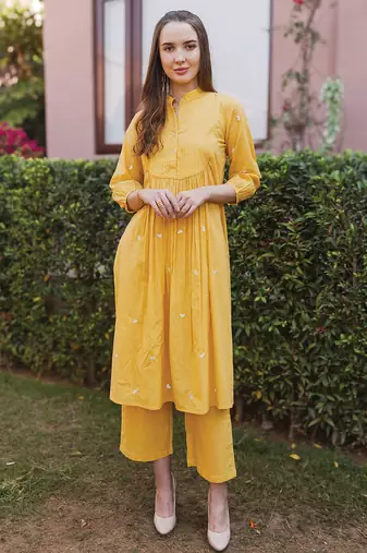 Yellow embroidered cotton straight suit set