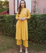 Yellow embroidered cotton straight suit set