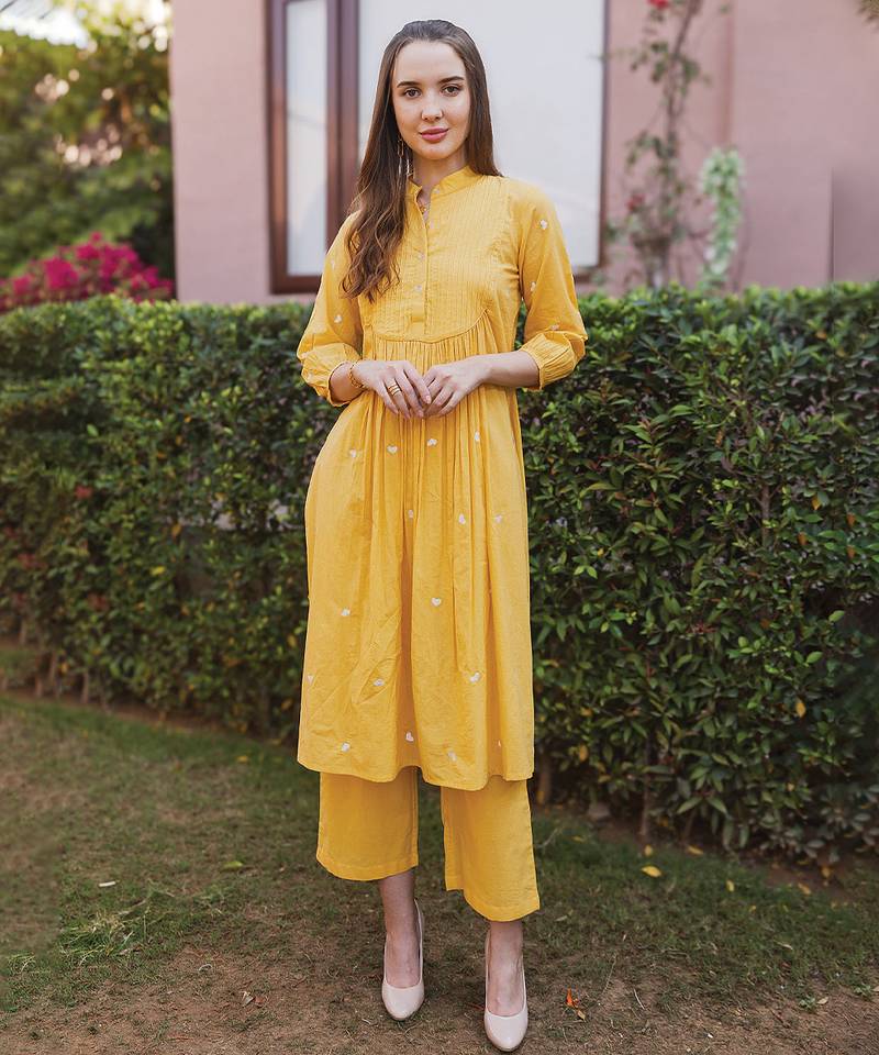 Yellow embroidered cotton straight suit set