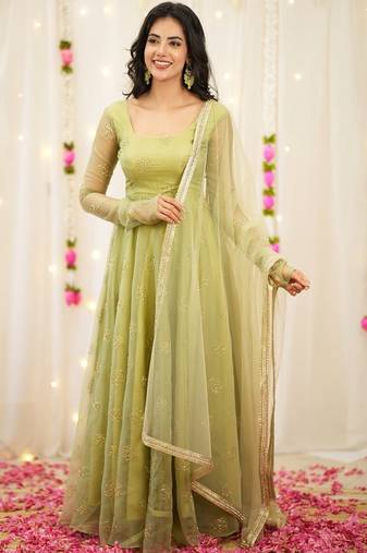 Light-green embroidery bids full stitched anarkali suit