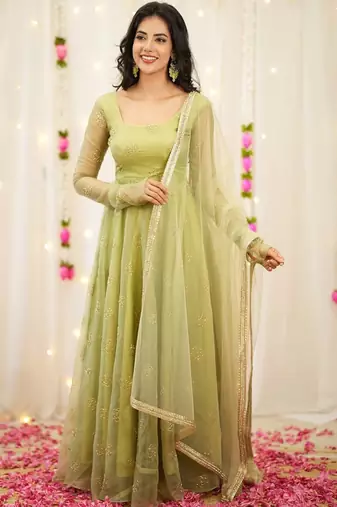 Light-green embroidery bids full stitched anarkali suit