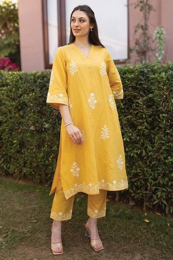 Yellow embroidered linen straight suit set