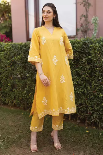 Yellow embroidered linen straight suit set