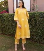 yellow linen straight kurta suit set with floral embroidery