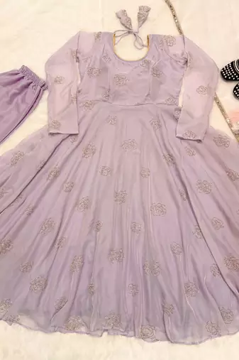 lavender organza anarkali suit set with beads embroidery