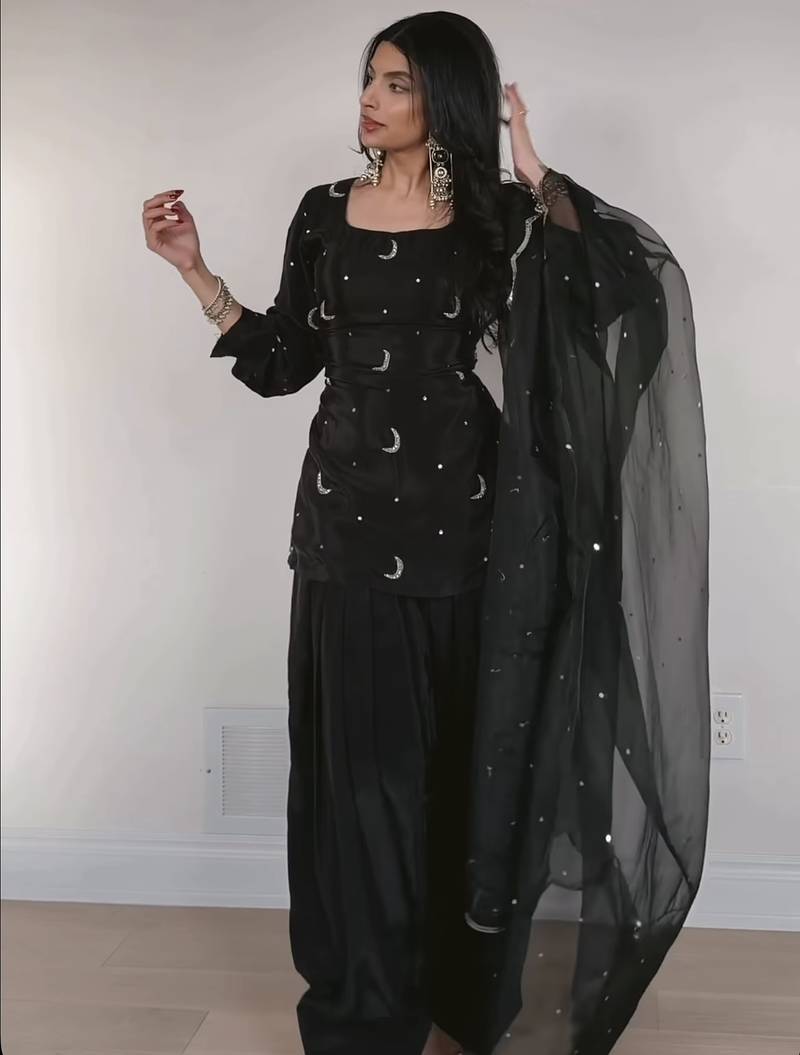 Black embroidery sequence multi full stitched farshi salwar