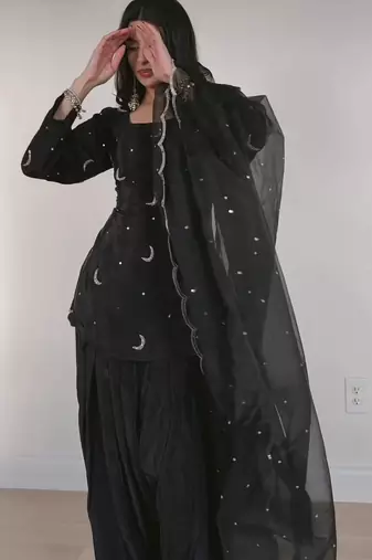 black embroidered sequin crepe farshi salwar set