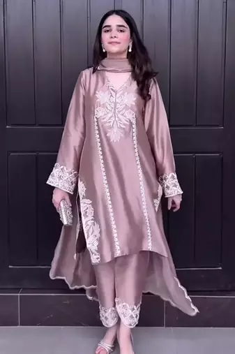 pink crepe farshi salwar suit with detailed embroidery