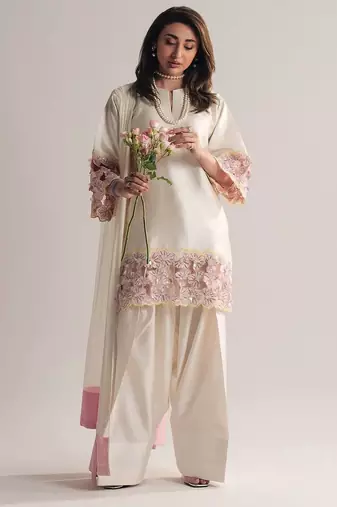 White embroidery moti hand full stitched farshi salwar