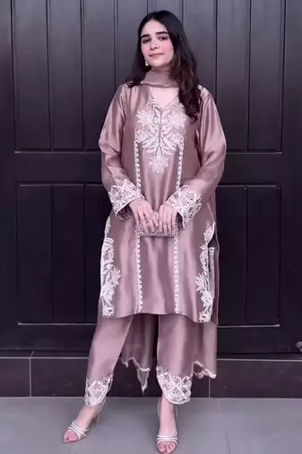 pink crepe farshi salwar suit with detailed embroidery