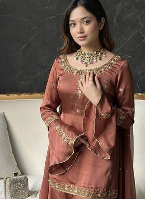 brown embroidered sequin crepe sharara set 1