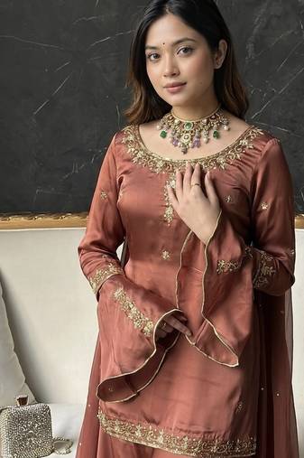 Brown embroidery sequence full stitched sarara plazo