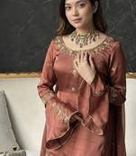 Brown embroidery sequence full stitched sarara plazo