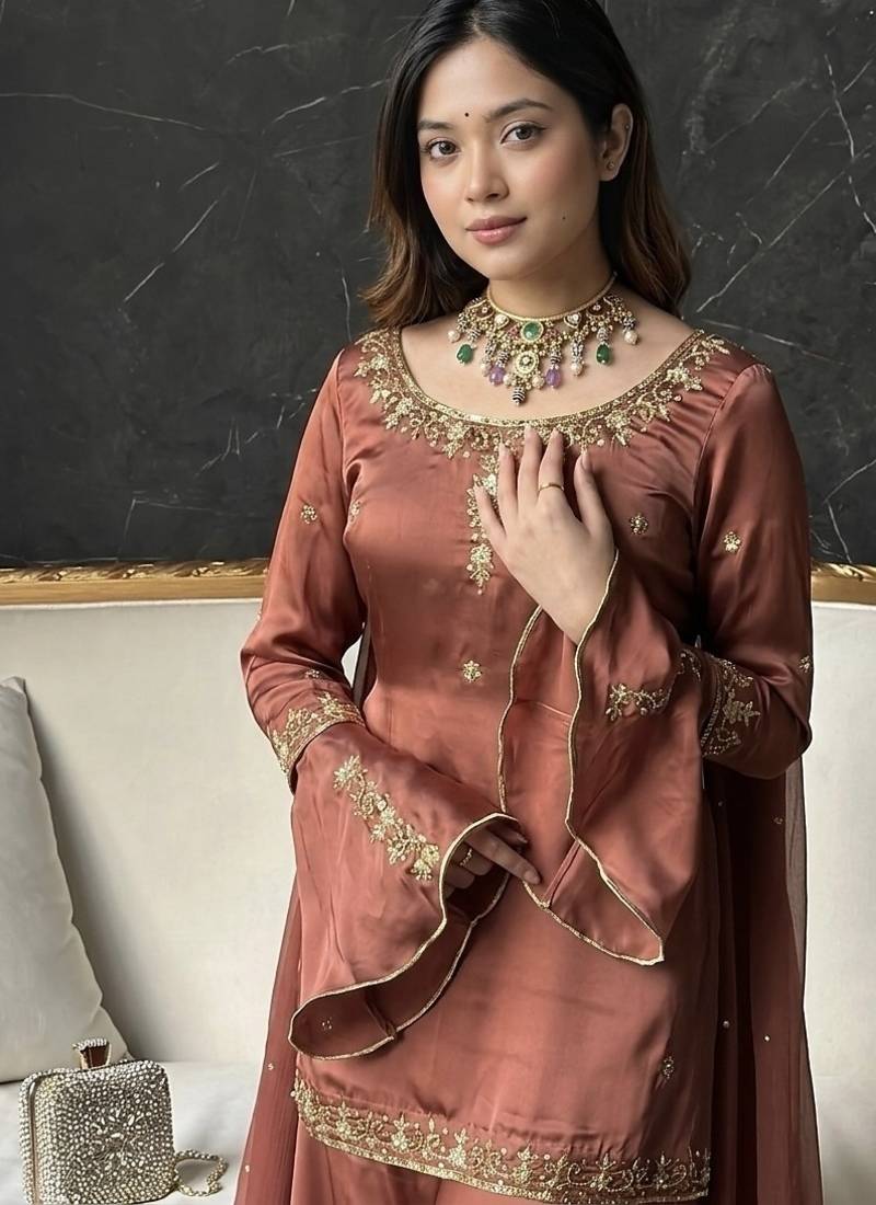Brown embroidery sequence full stitched sarara plazo