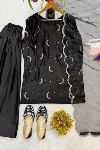 black embroidered sequin crepe farshi salwar set