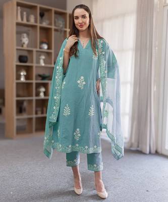 aqua blue linen straight kurta suit set with floral embroidery 1