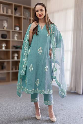 Aqua blue embroidered linen straight suit set