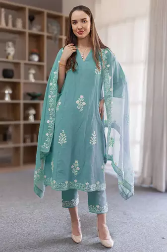 Aqua blue embroidered linen straight suit set