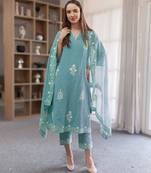 aqua blue linen straight kurta suit set with floral embroidery