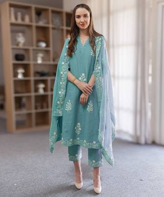 aqua blue linen straight kurta suit set with floral embroidery 2