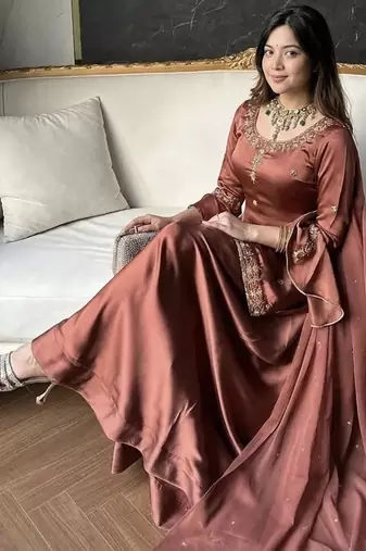 brown embroidered sequin crepe sharara set