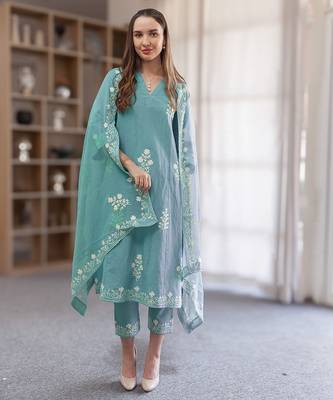 aqua blue linen straight kurta suit set with floral embroidery 3