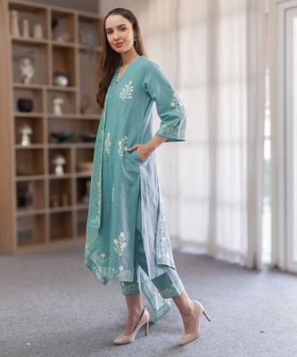 aqua blue linen straight kurta suit set with floral embroidery 4