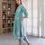 Aqua blue embroidered linen straight suit set