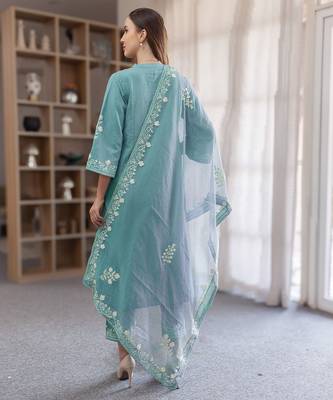 aqua blue linen straight kurta suit set with floral embroidery 5
